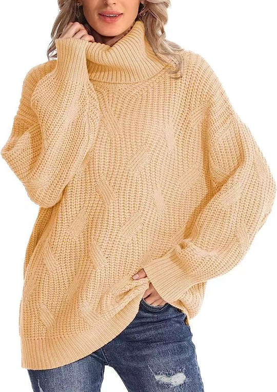 Damen Grobstrickpullover mit hohem Kragen und strukturiertem Zopfmuster R&B