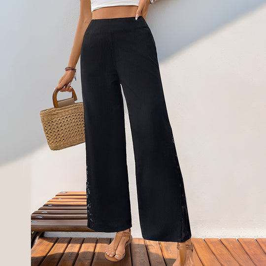 Damen Weite Stoffhose mit eleganter Spitze und hohem Bund R&B