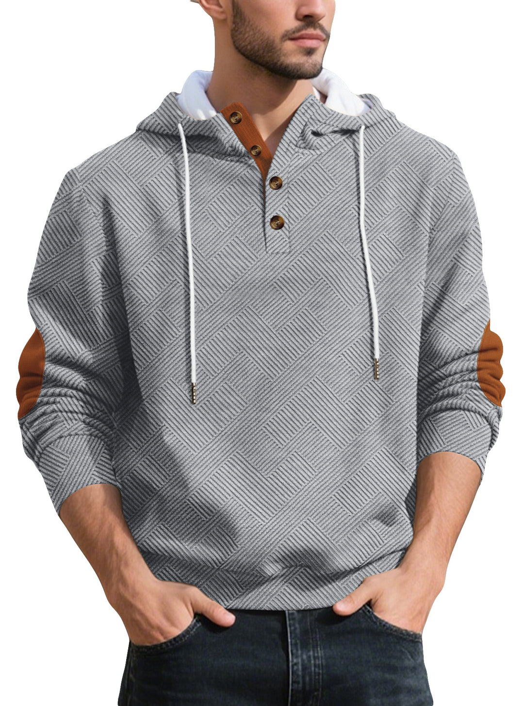 Herren nan strukturierter Kapuzen-Henley-Pullover mit Jacquardstruktur, Knopfleiste und Ellenbogenpatches R&B