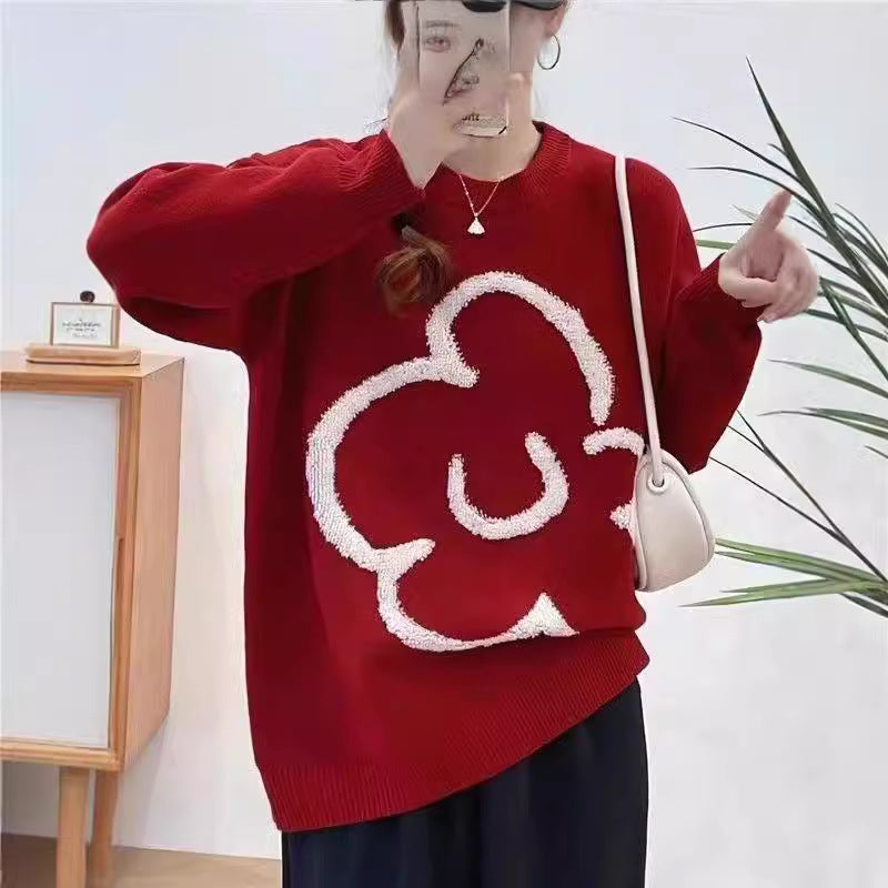Damen lässiger Strickpullover mit floralem Motiv R&B