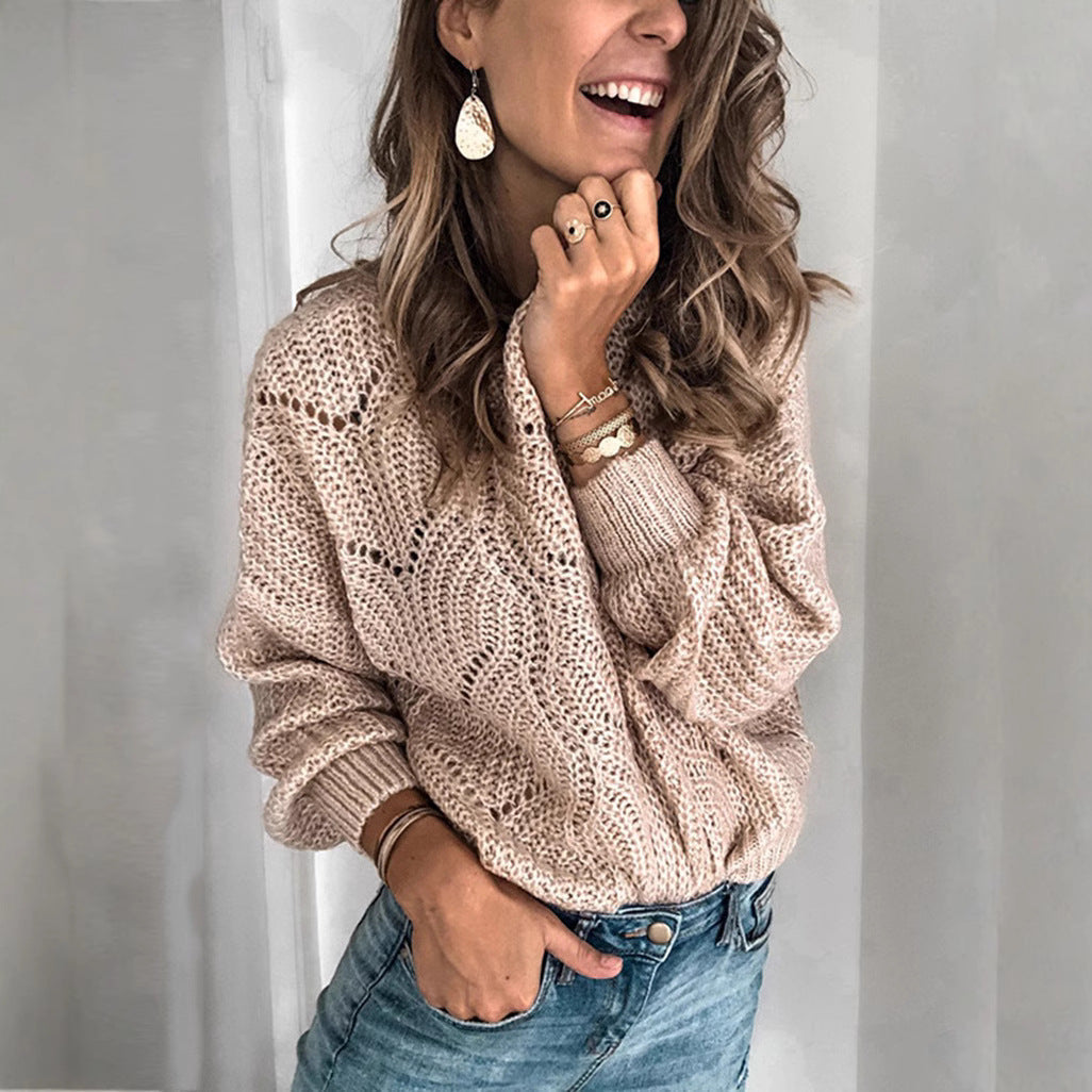 Damen luftiger Strickpullover mit modernen Lochmustern und weitem Schnitt R&B
