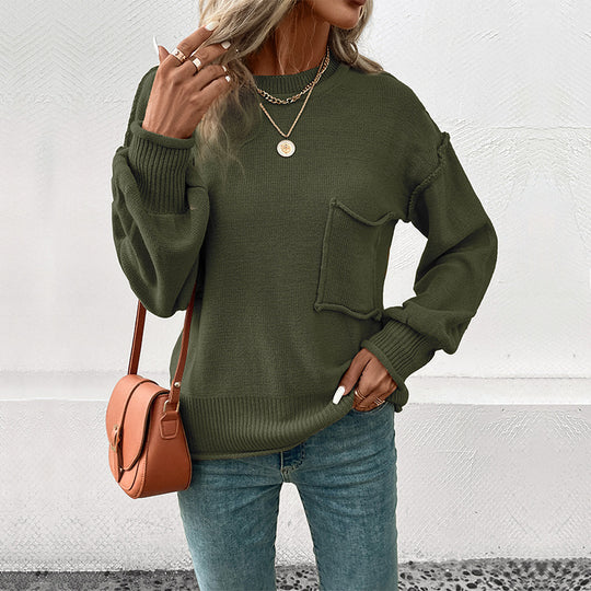 Damen lässiger Pullover mit voluminösen Ärmeln und praktischer Taschendetail R&B