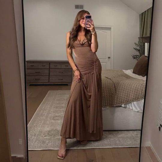 Damen Maxikleid mit eleganter Drapierung und schickem V-Ausschnitt R&B
