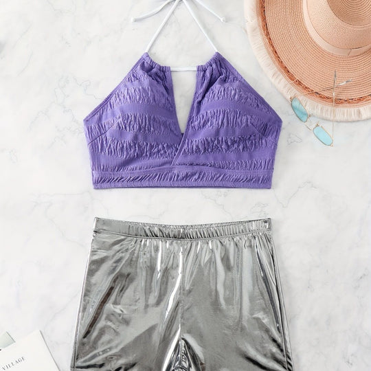 Damen Bikini-Set mit floralem Oberteil und hochglänzenden Shorts R&B