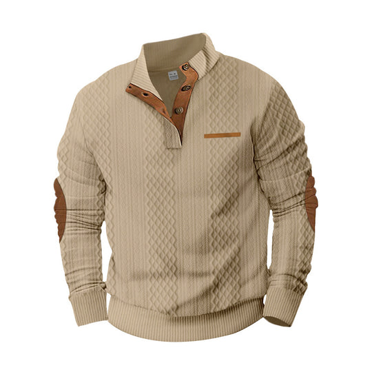 Herren nan strukturierter Strickpullover mit Stehkragen, Knopfleiste und Ellenbogenpatches R&B
