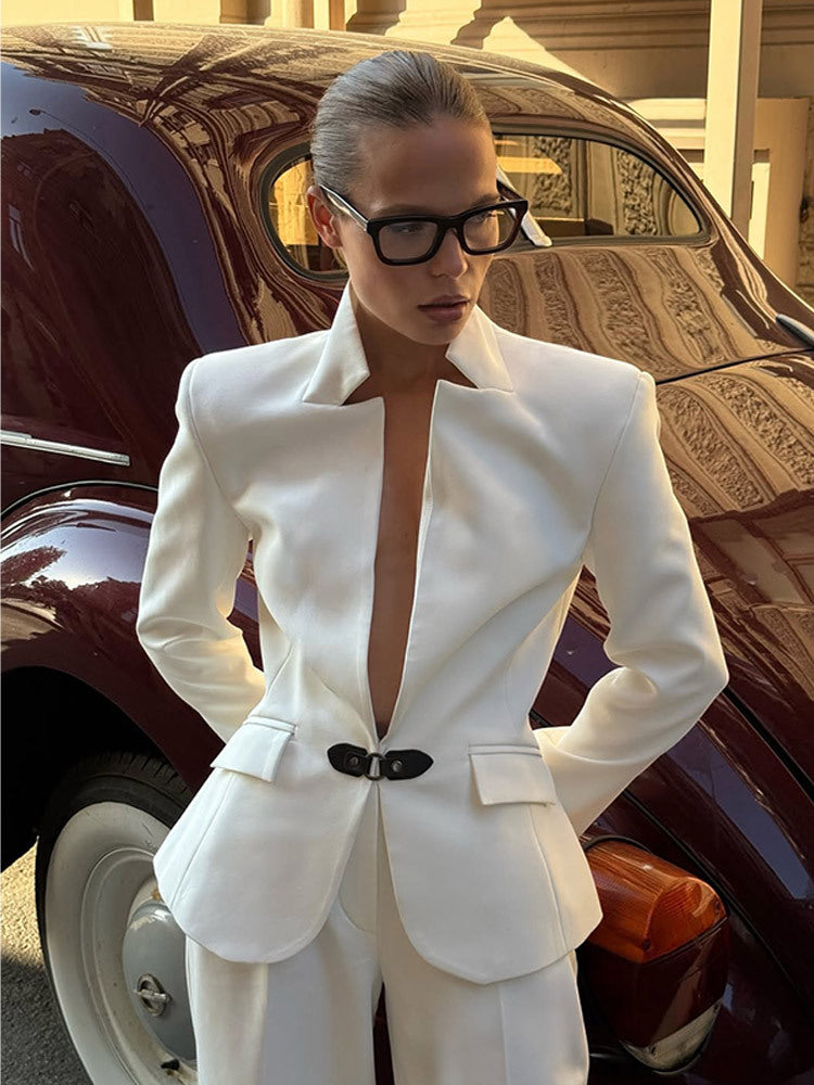 Damen elegantes Tailor-Anzug-Set mit minimalistischer Silhouette und tiefem Ausschnitt R&B
