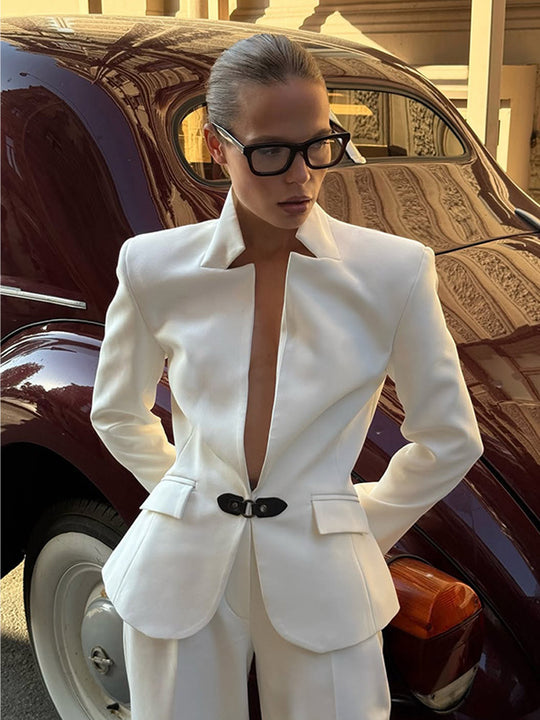 Damen elegantes Tailor-Anzug-Set mit minimalistischer Silhouette und tiefem Ausschnitt R&B