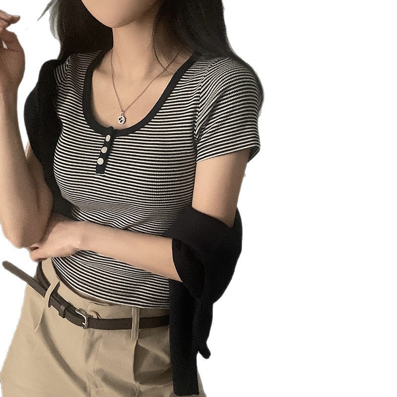 Damen modisches Kurzarmshirt mit Rundhalsausschnitt und Strukturdetails R&B