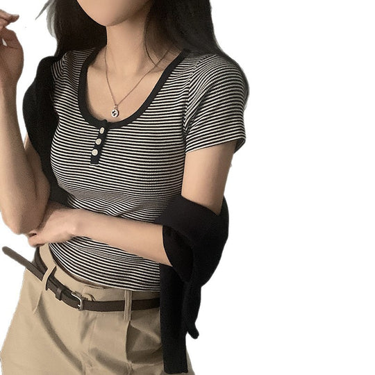 Damen modisches Kurzarmshirt mit Rundhalsausschnitt und Strukturdetails R&B