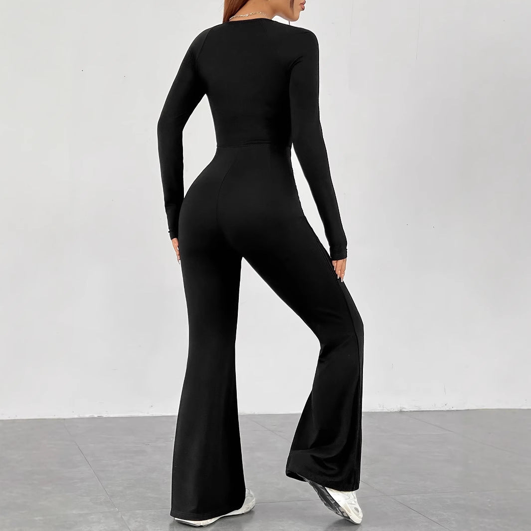 Damen Eleganter Jumpsuit mit weitem Bein und langen Ärmeln R&B