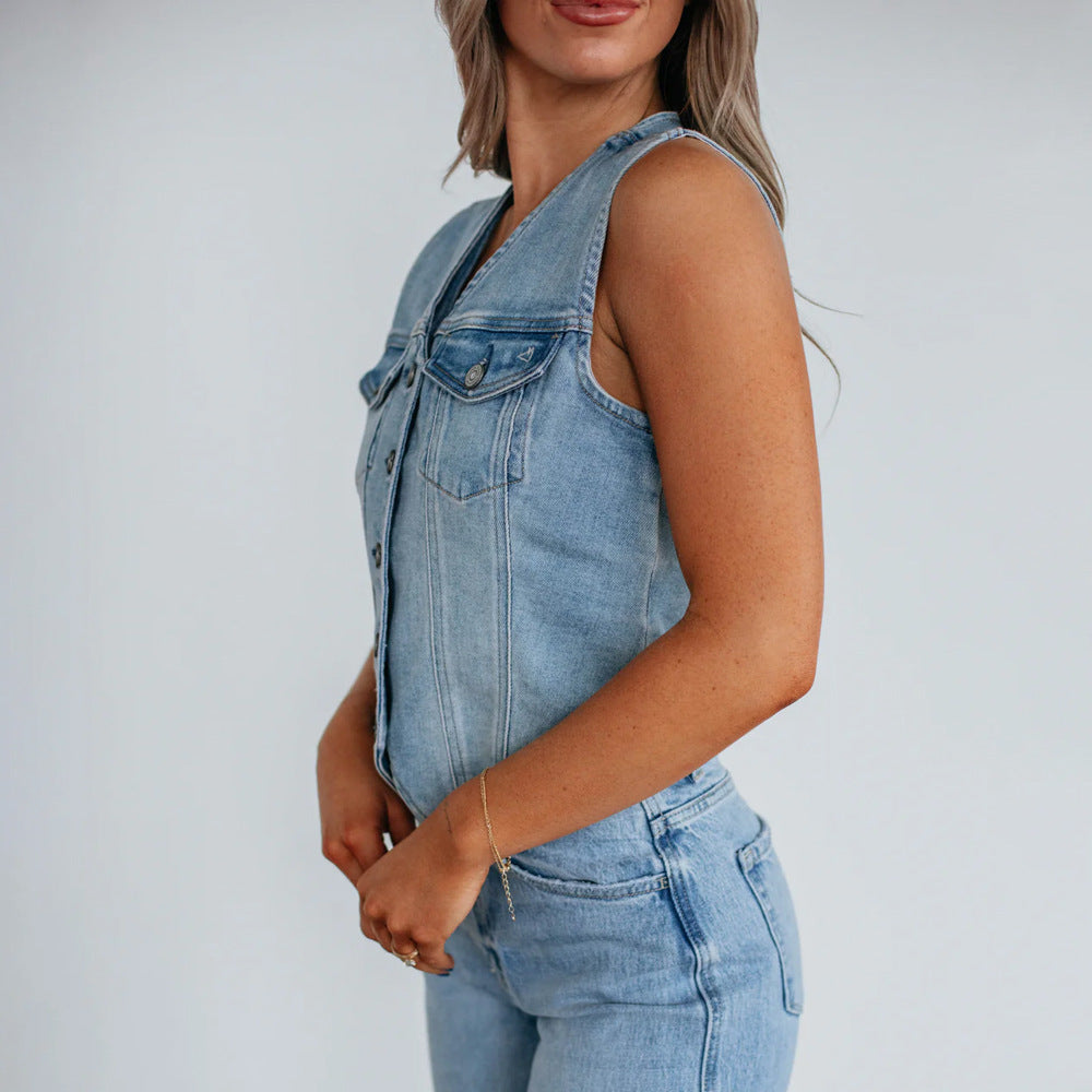 Damen Denim Weste mit Knopfleiste und modernen Schnittrahmen R&B