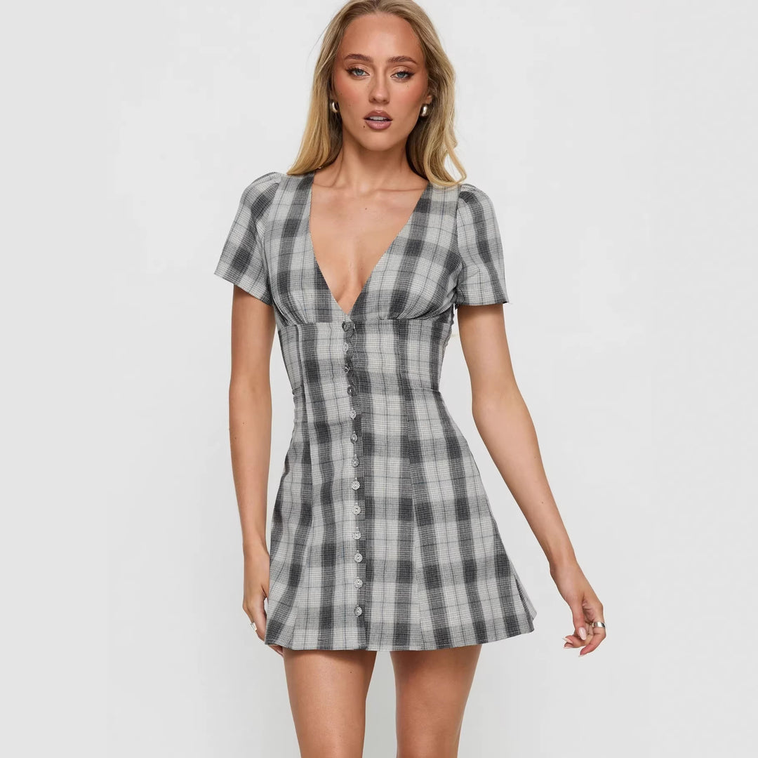 Damen Volantkleid mit V-Ausschnitt und Knopfleiste R&B