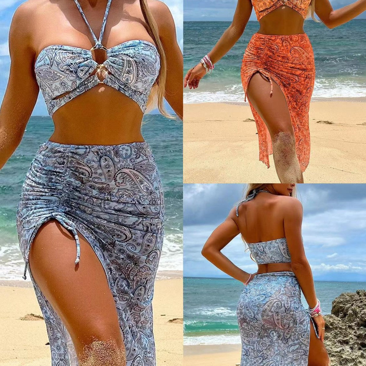 Damen Bikini-Set mit floralem Bandeau-Oberteil und hoch taillierter Rockpartie R&B