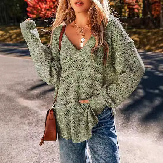 Damen Leicht gestrickter V-Ausschnitt Pullover mit lässigem Schnitt R&B