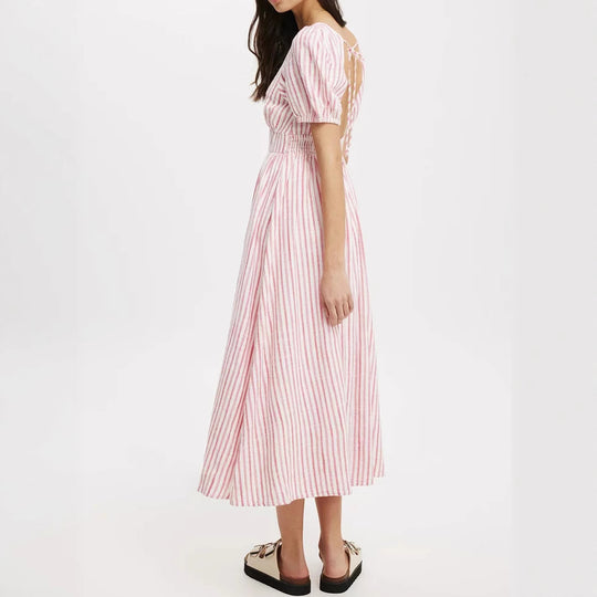 Damen Maxikleid mit V-Ausschnitt und Puffärmeln R&B