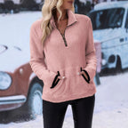 Damen kuscheliger Fleece-Pullover mit halbem Reißverschluss und praktischen Taschen R&B