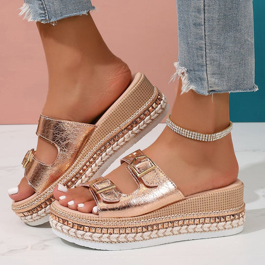Damen Riemensandalen mit modischer Schmuckverzierung und Plateau-Rand R&B