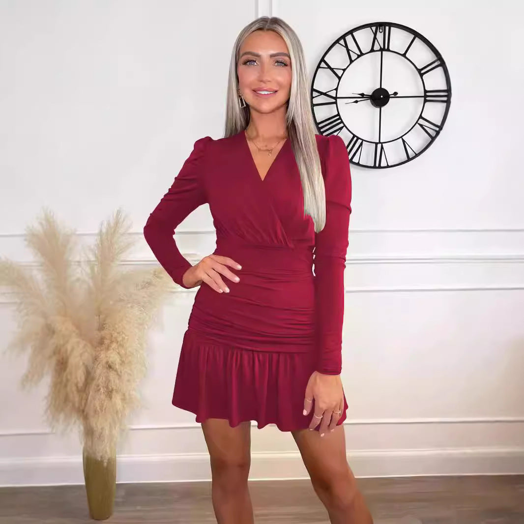 Damen Figurumspielendes Wickelkleid mit langen Ärmeln und Rüschensaum R&B