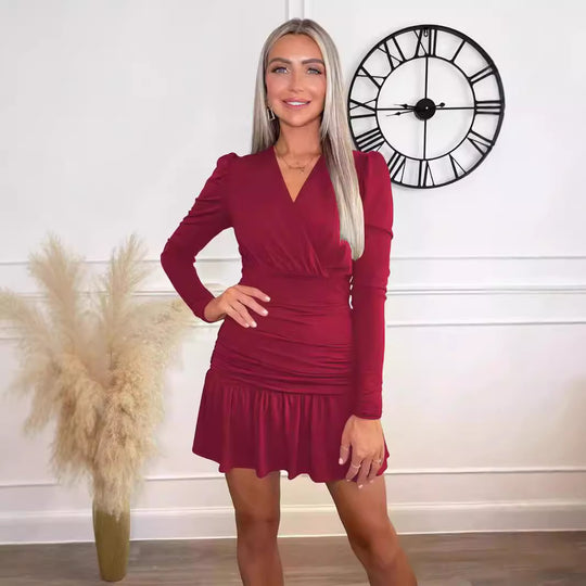 Damen Figurumspielendes Wickelkleid mit langen Ärmeln und Rüschensaum R&B