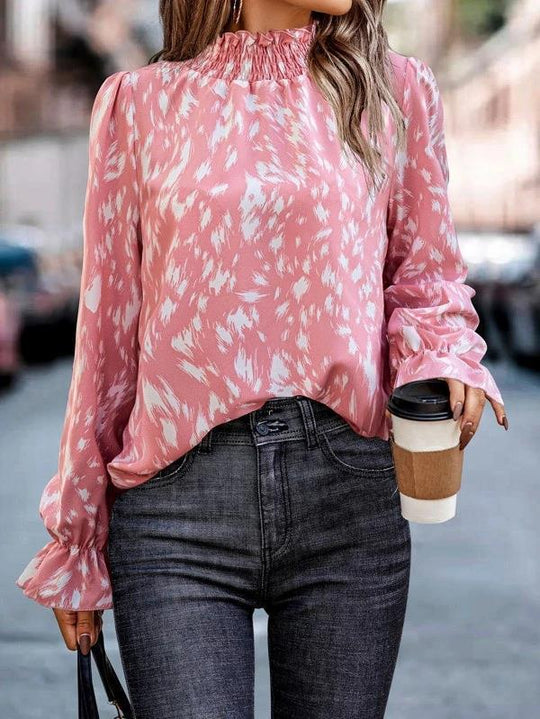 Damen Modische Bluse mit eleganter Rüschenkragen und grafischem Muster R&B