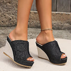 Damen Wedge-Pantoletten mit Denim-Obermaterial und raffiniertem Keilabsatz R&B