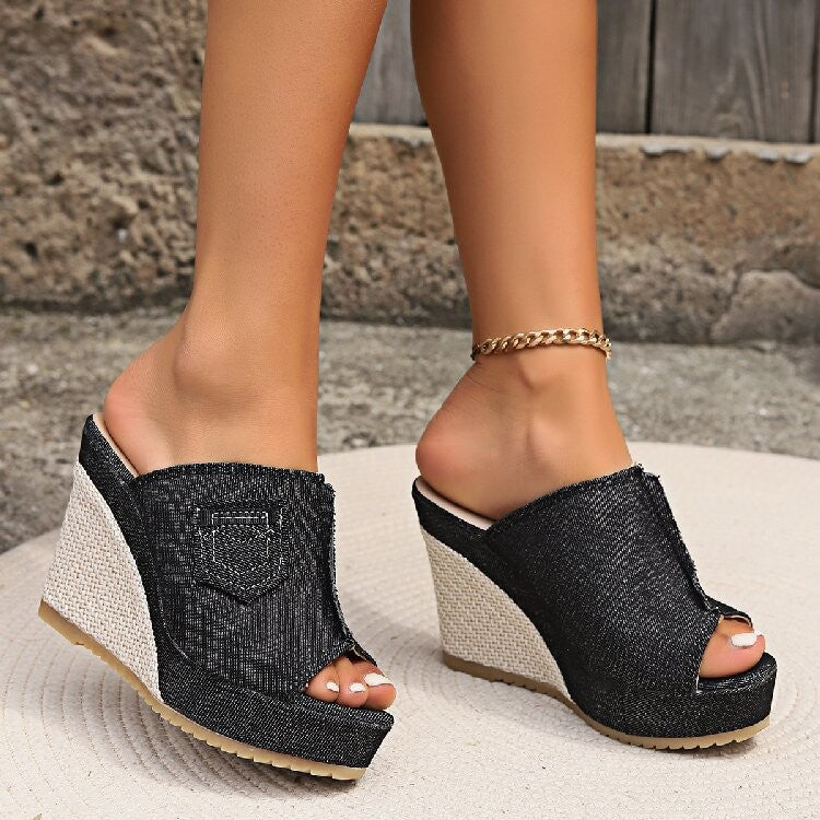 Damen Wedge-Pantoletten mit Denim-Obermaterial und raffiniertem Keilabsatz R&B