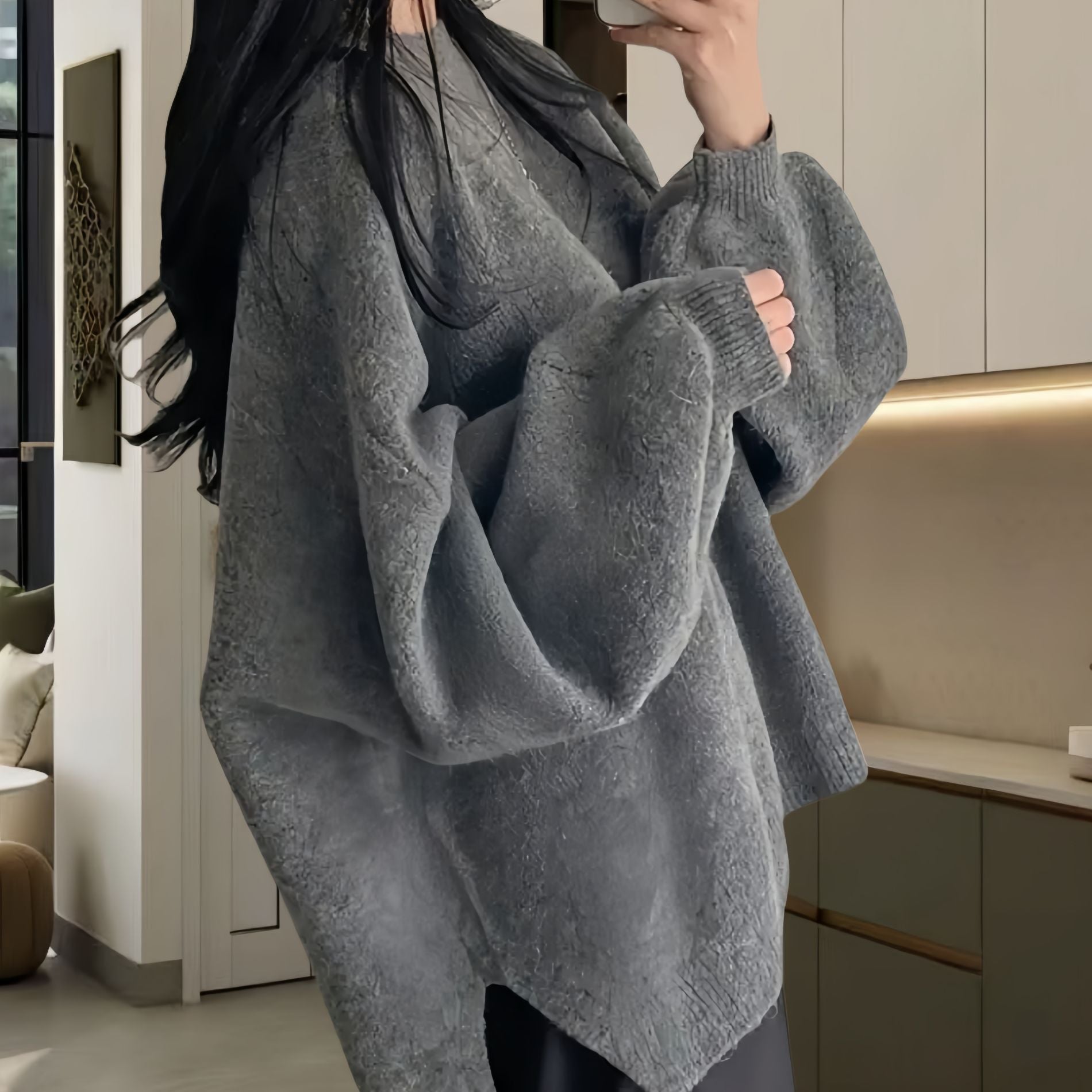 Damen Oversized Strickpullover mit weichem Fleece-Material und modernen Schnittelementen R&B