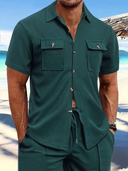 Herren nan strukturiertes Waffel-Lounge-Set mit Hemdjacke, Brustklappen und Kordelhose R&B