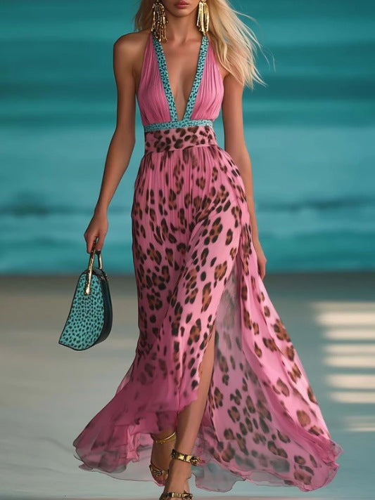 Damen nan Maxikleid mit tiefem V-Ausschnitt, geflochtenem Halter, Leopardenprint, plissiertem Chiffonrock und seitlichem Beinschlitz R&B