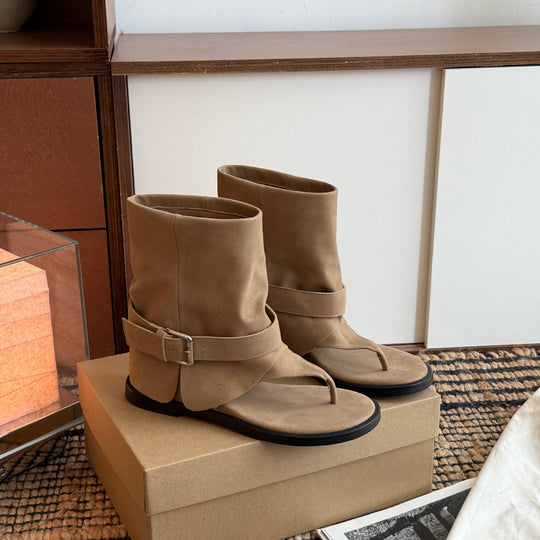 Damen Zehentrenner-Stiefel mit modischem Riemendesign und hochwertiger Veloursleder-Oberfläche R&B