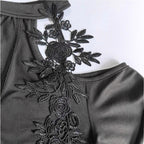 Damen nan schulterfreies Langarm-Top mit Chokerkragen, floralen Spitzenapplikationen und tailliertem Schößchen R&B