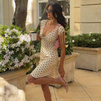 Damen Elegantes Polka-Dot Kleid mit tiefem V-Ausschnitt und verstellbaren Schulterbändern R&B