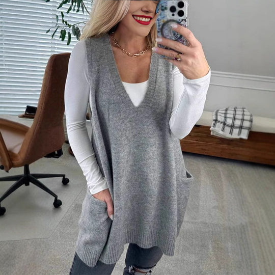 Damen Bequemer Strick-Poncho mit seitlichen Taschen R&B