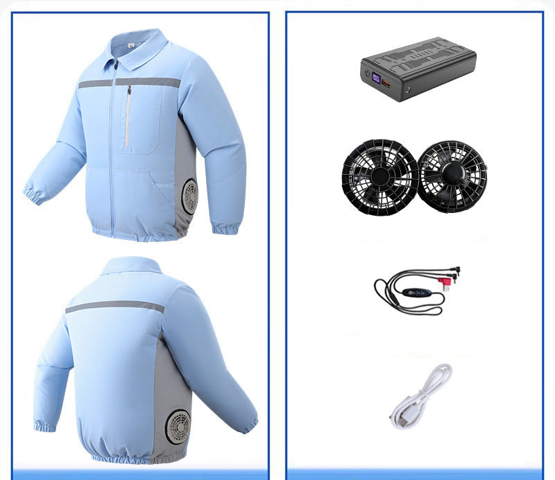 Unisex nan ventilated work cooling jacket with side vent inserts, removable battery compartment and reflective inserts R&B