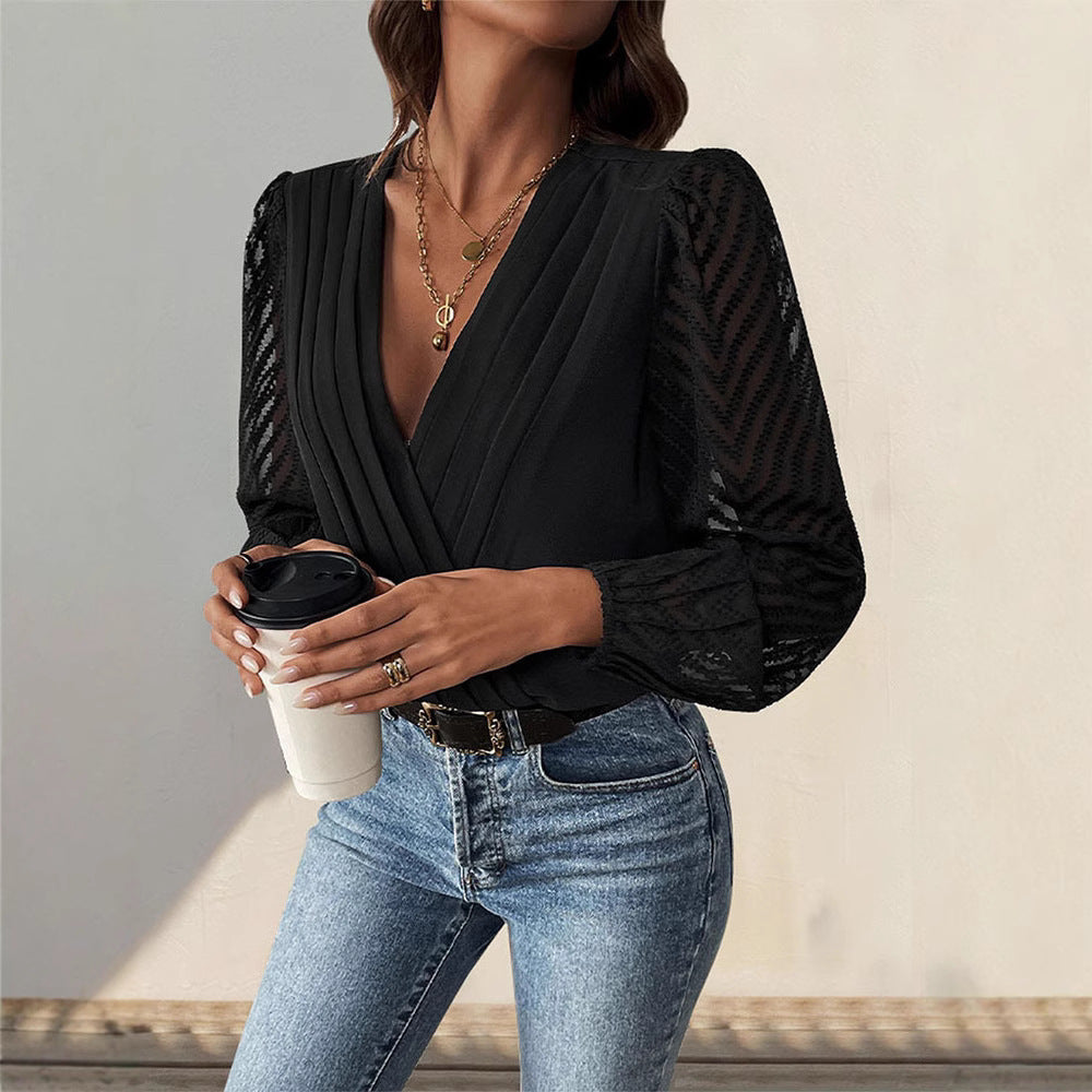 Damen elegantes Body mit voluminösen Ärmel und tiefem V-Ausschnitt R&B