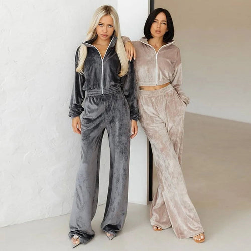 Damen Freizeit-Loungewear-Set aus samtigem Material mit hohem Kragen und Reißverschluss R&B