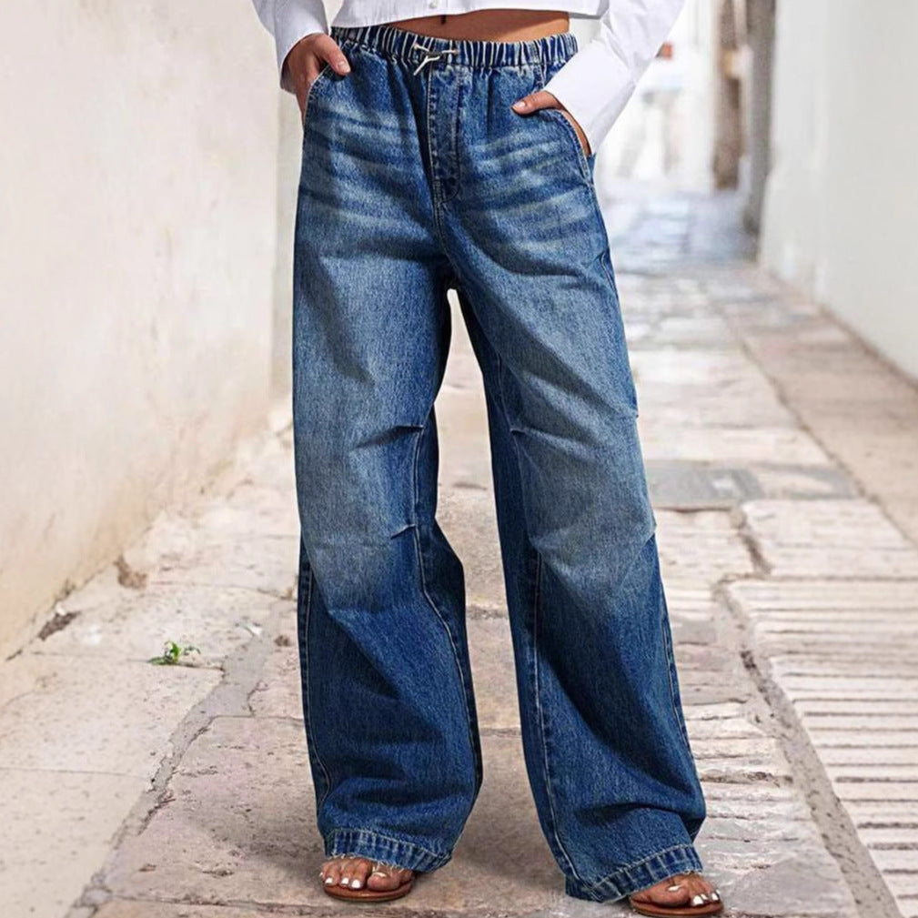 Damen Weite Denim-Hose mit elastischem Bund und hohen Taschen R&B