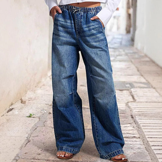 Damen Weite Denim-Hose mit elastischem Bund und hohen Taschen R&B