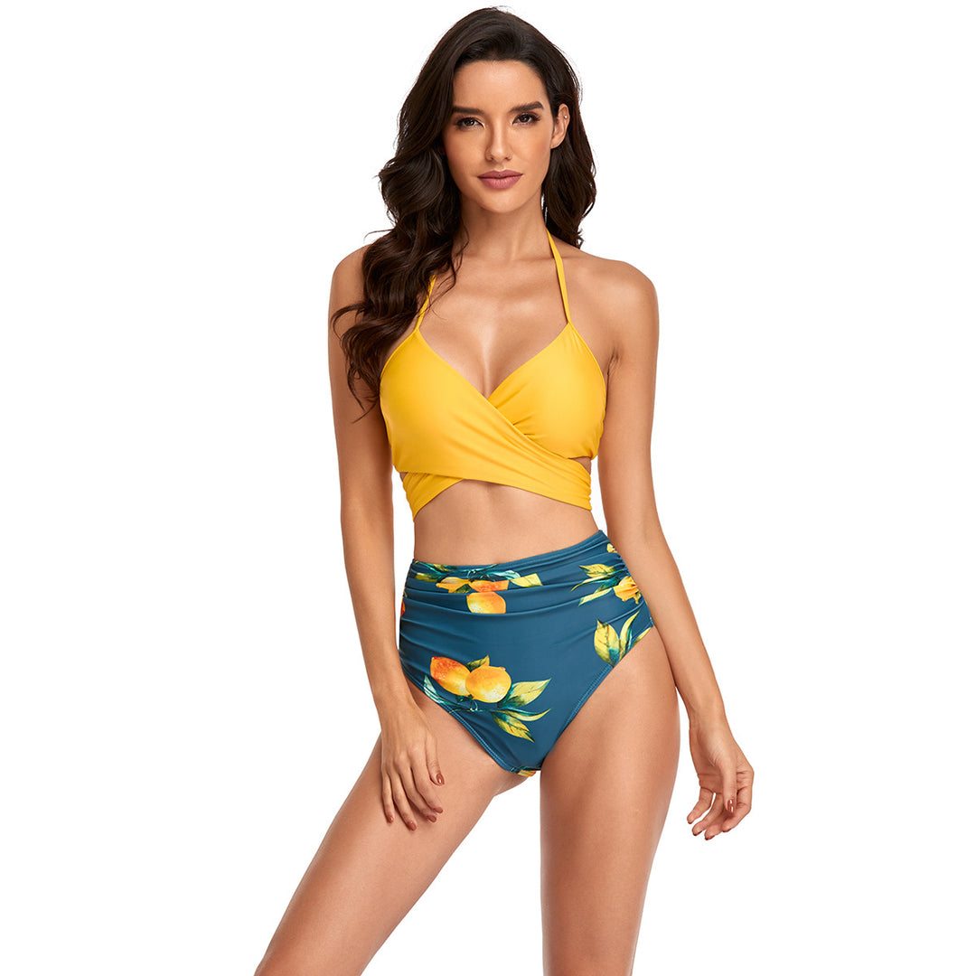Damen Hochtailliertes Bikini-Set mit Wickeloberteil und floralen Akzenten R&B