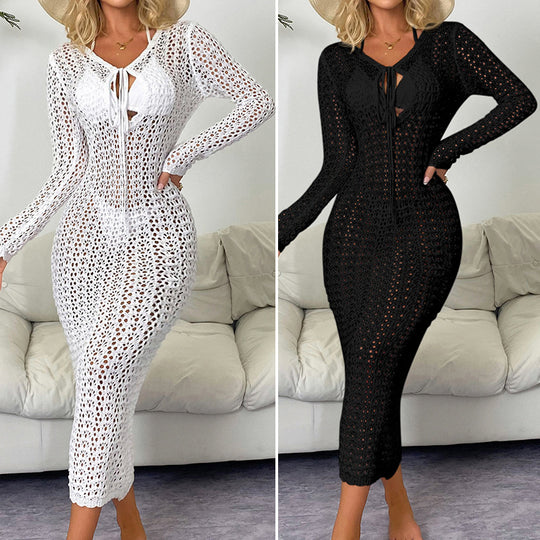 Damen Elegantes gehäkeltes Strandkleid mit tiefem V-Ausschnitt und luftiger Struktur R&B
