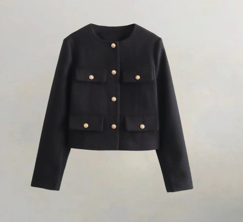 Damen kurzärmlige Utility-Jacke mit aufgesetzten Taschen und dekorativen Knöpfen R&B