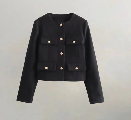 Damen kurzärmlige Utility-Jacke mit aufgesetzten Taschen und dekorativen Knöpfen R&B