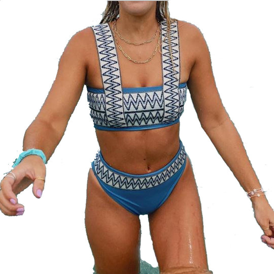Damen Sportlicher Bikini mit breiten Trägern und geometrischem Muster R&B