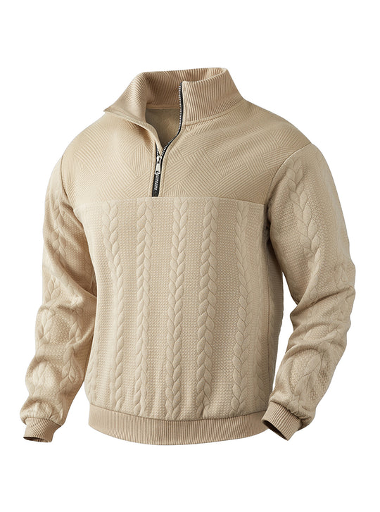 Herren nan texturierter Strickpullover mit Halbzip, geflochtenem Zopfmuster und hohem Stehkragen R&B