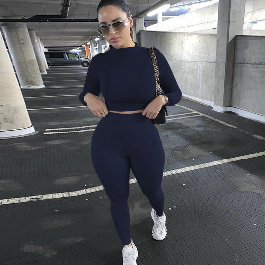 Damen Sportliches Crop-Top und Leggings-Set aus elastischem Material R&B
