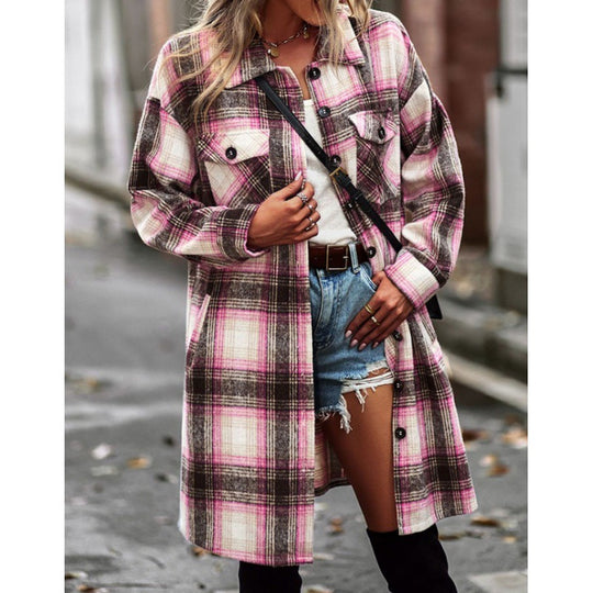 Damen Langarmhemdjacke im Karomuster mit großen Taschen R&B