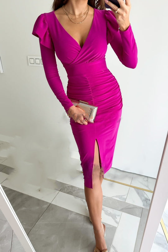 Damen Wickelkleid mit Raffungen und voluminösen Ärmeln R&B