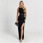 Damen Elegantes Abendkleid mit hohem Schlitz und Spitzeinsatz R&B