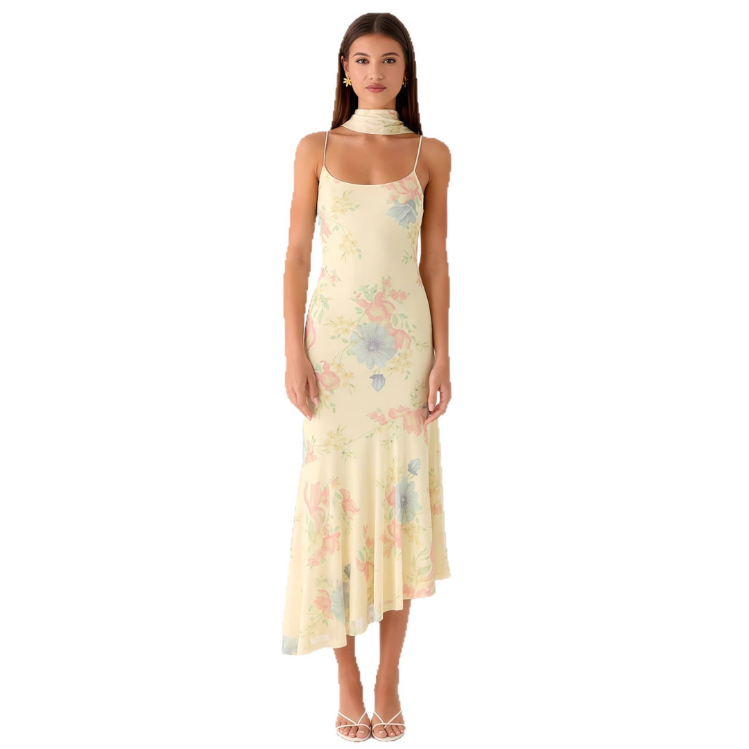 Damen Elegantes Maxikleid mit blumigem Chiffon-Design und Neckholder-Ausschnitt R&B