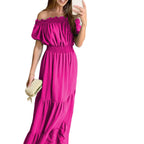 Damen Off-Shoulder Maxikleid mit elastischem Bund und Rüschendetails R&B